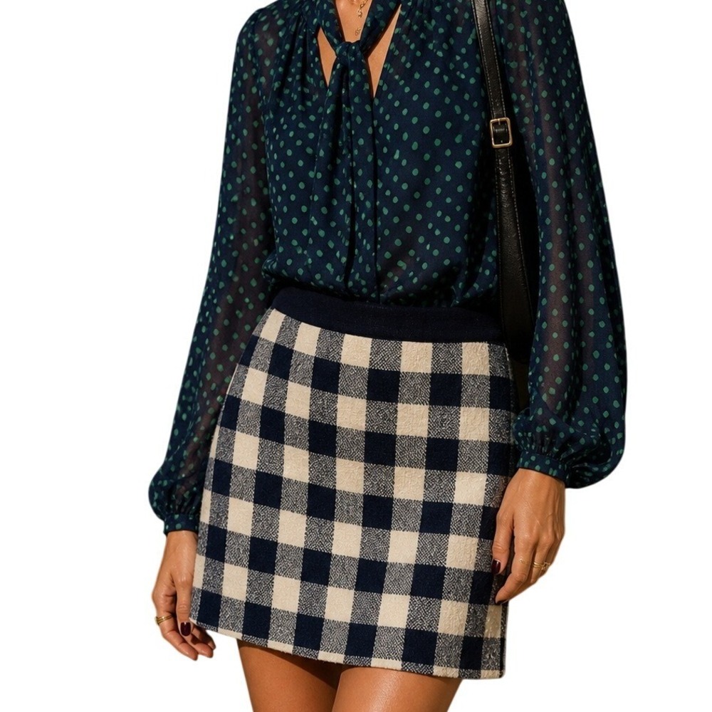 J Crew Navy Blue Cream Gingham Check Textured Mini Skirt Back Zip Vent Size 10‎